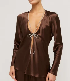 Bias Silk Satin Lounge Shirt In Brown