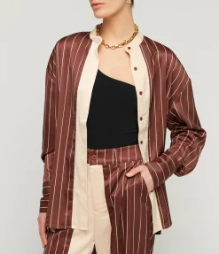 Bordeaux Silk Stripe Shirt In Cocoa And Ecru