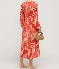 Camellia Silk Longsleeve Dress In Butterfly Red
