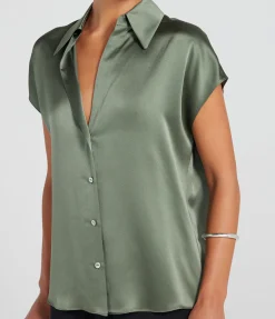 Cap Sleeve Ruched Blouse In Sea Fern