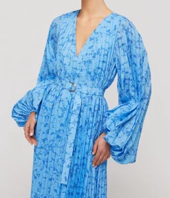 Clockhall Pleated Midi Dress In Blue Iris Print