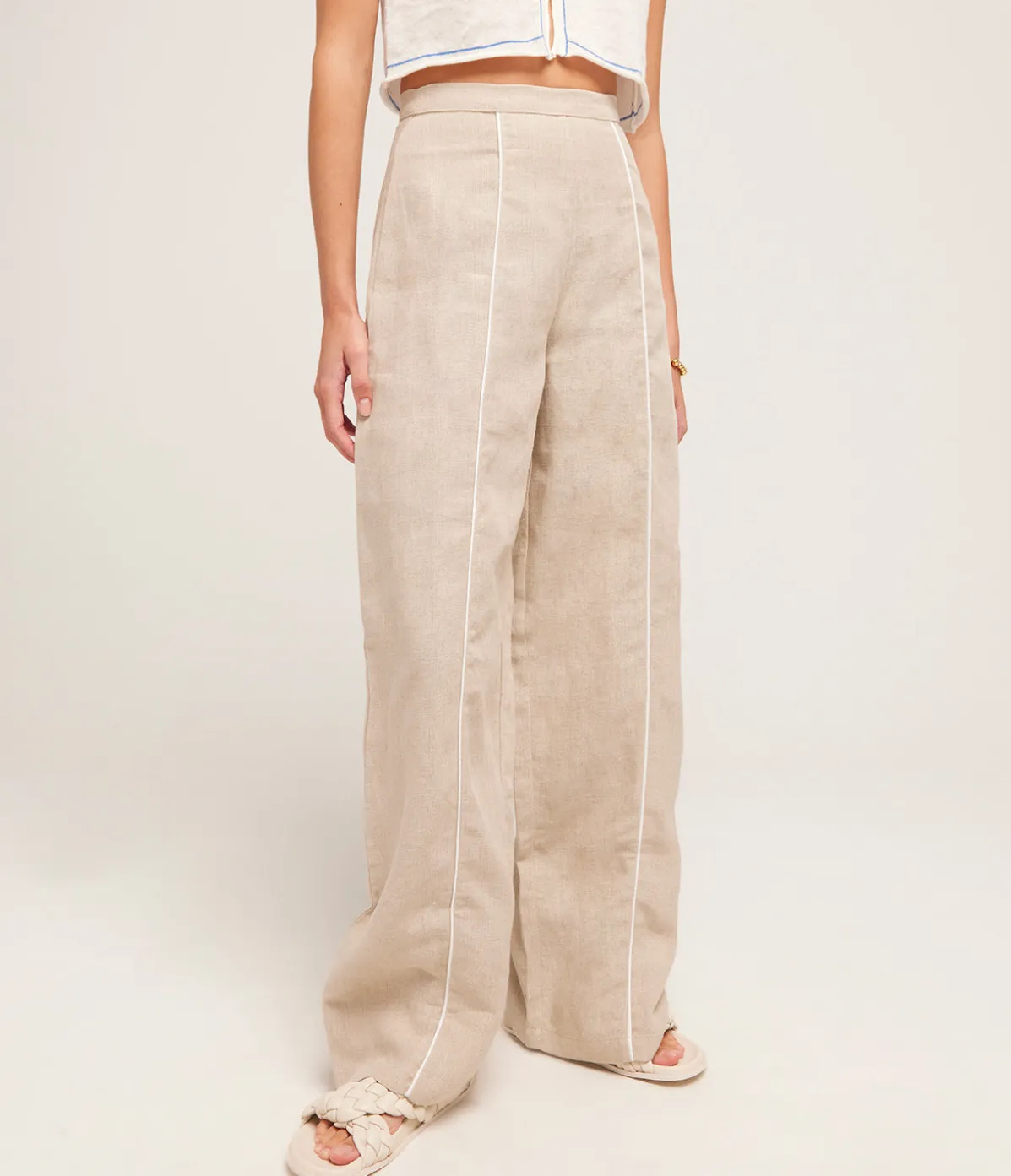 Contrast Linen Pants In Husk