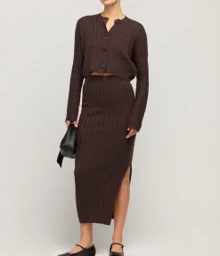 Cotton Cashmere Ribbed Skirt In Chocolate