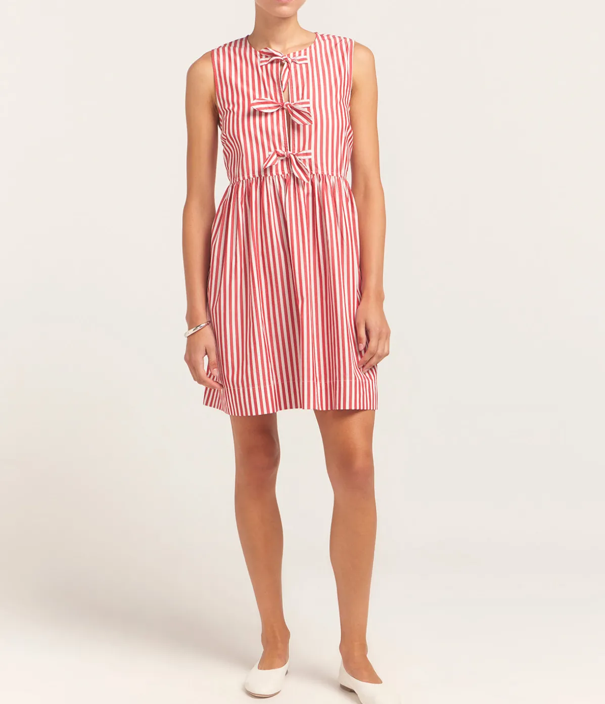 Cotton Mini Bow Tie Dress In Red And White Stripe