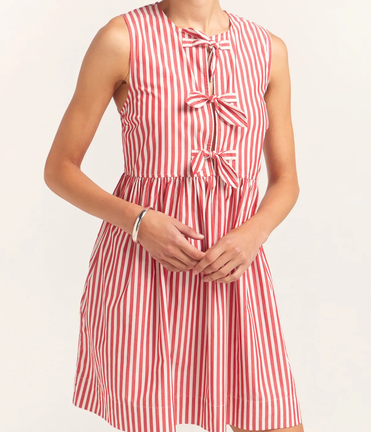 Cotton Mini Bow Tie Dress In Red And White Stripe