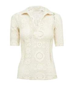 Crochet Polo Top In Creme