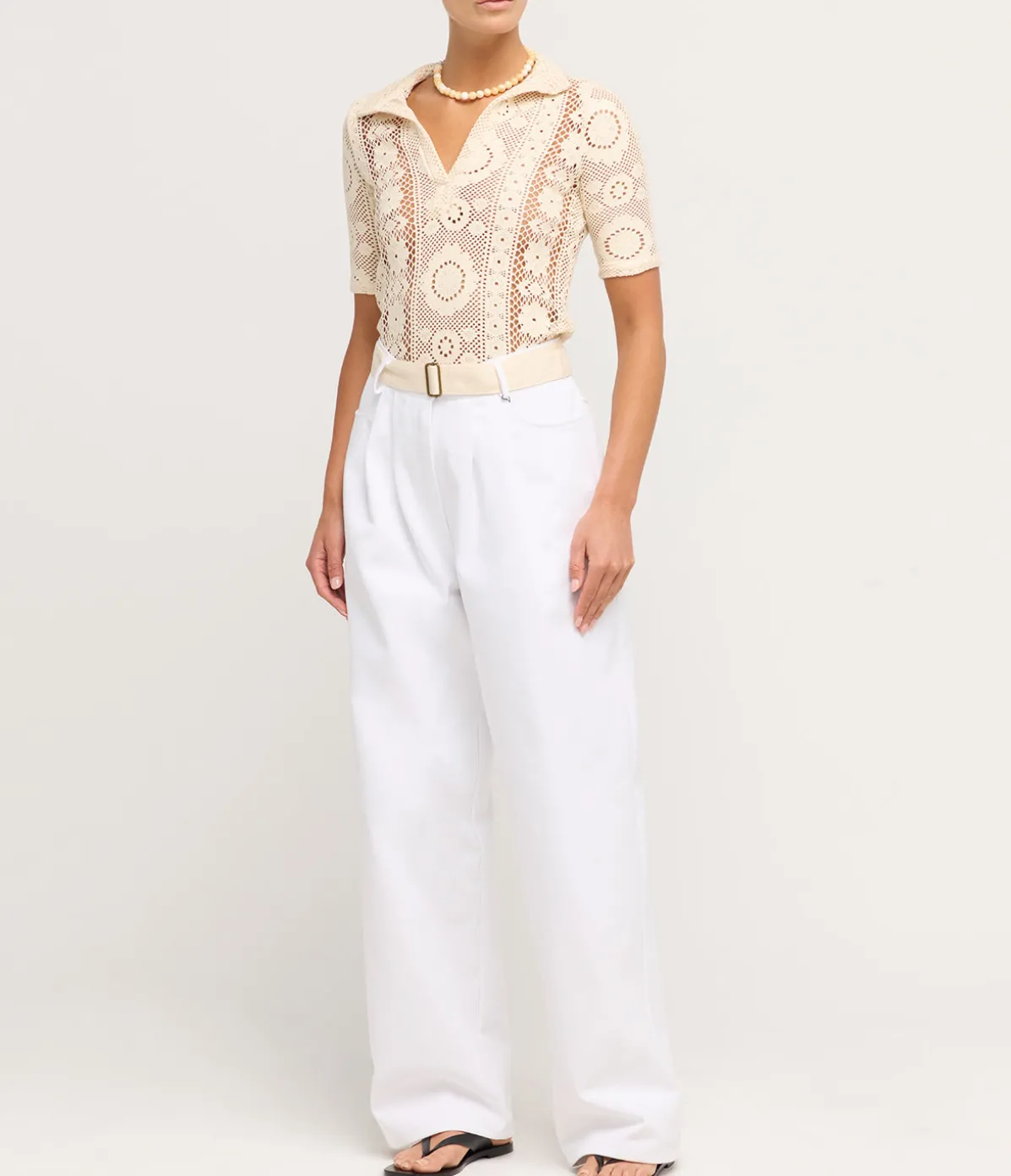 Crochet Polo Top In Creme