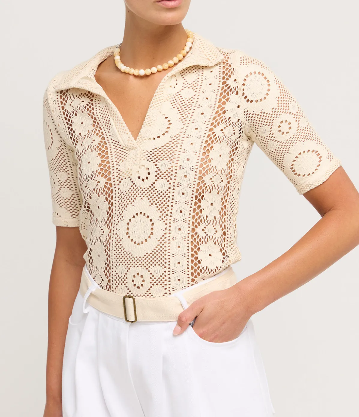 Crochet Polo Top In Creme