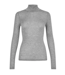 Doudo Thin Ribbed Turtle Neck Top In Grey Melange