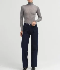 Doudo Thin Ribbed Turtle Neck Top In Grey Melange