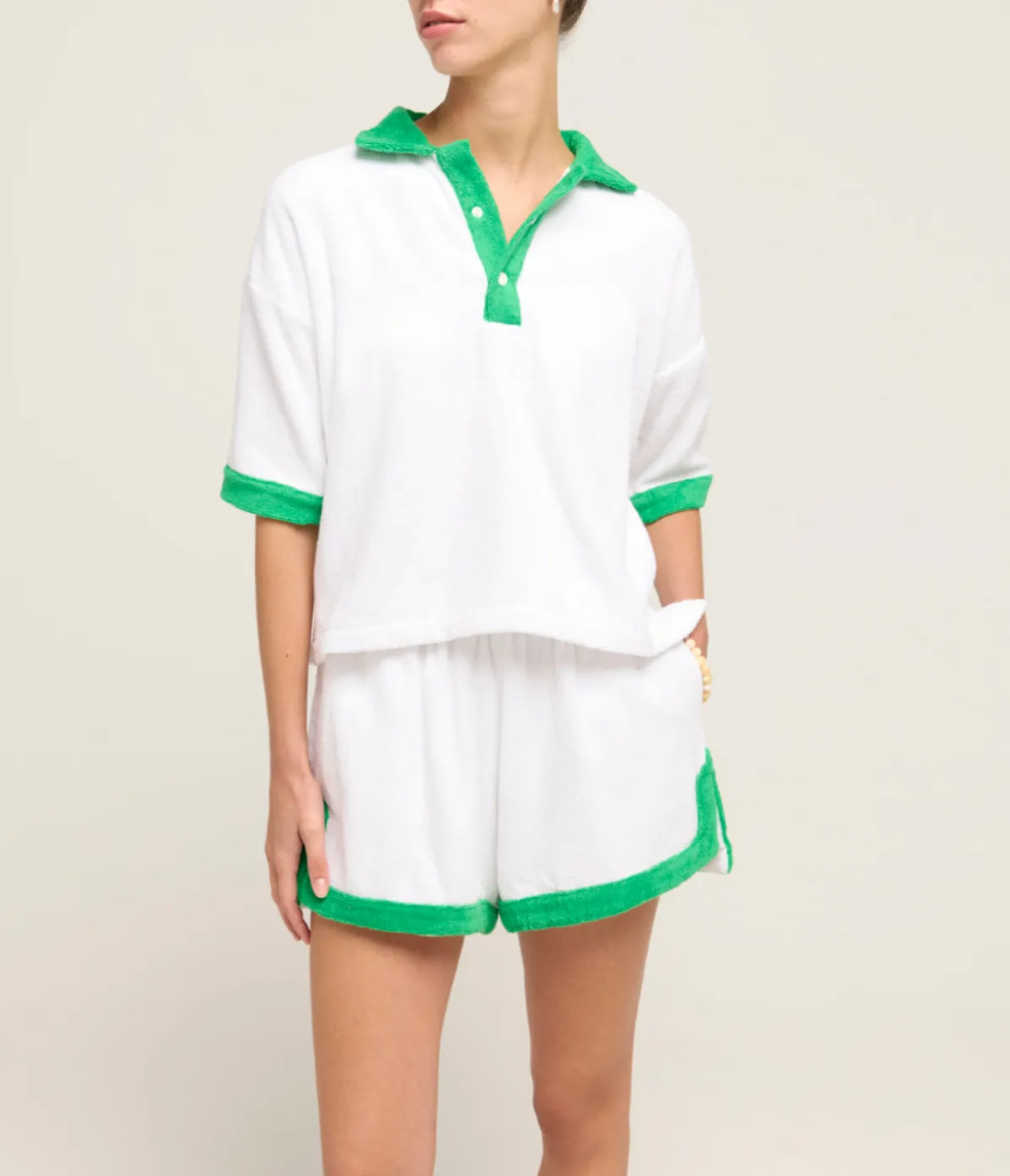 Estate Towelling Tee In Bianco With Verde Trim