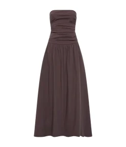 Gathered Strapless Tie Back Dress In Chocolate Plum