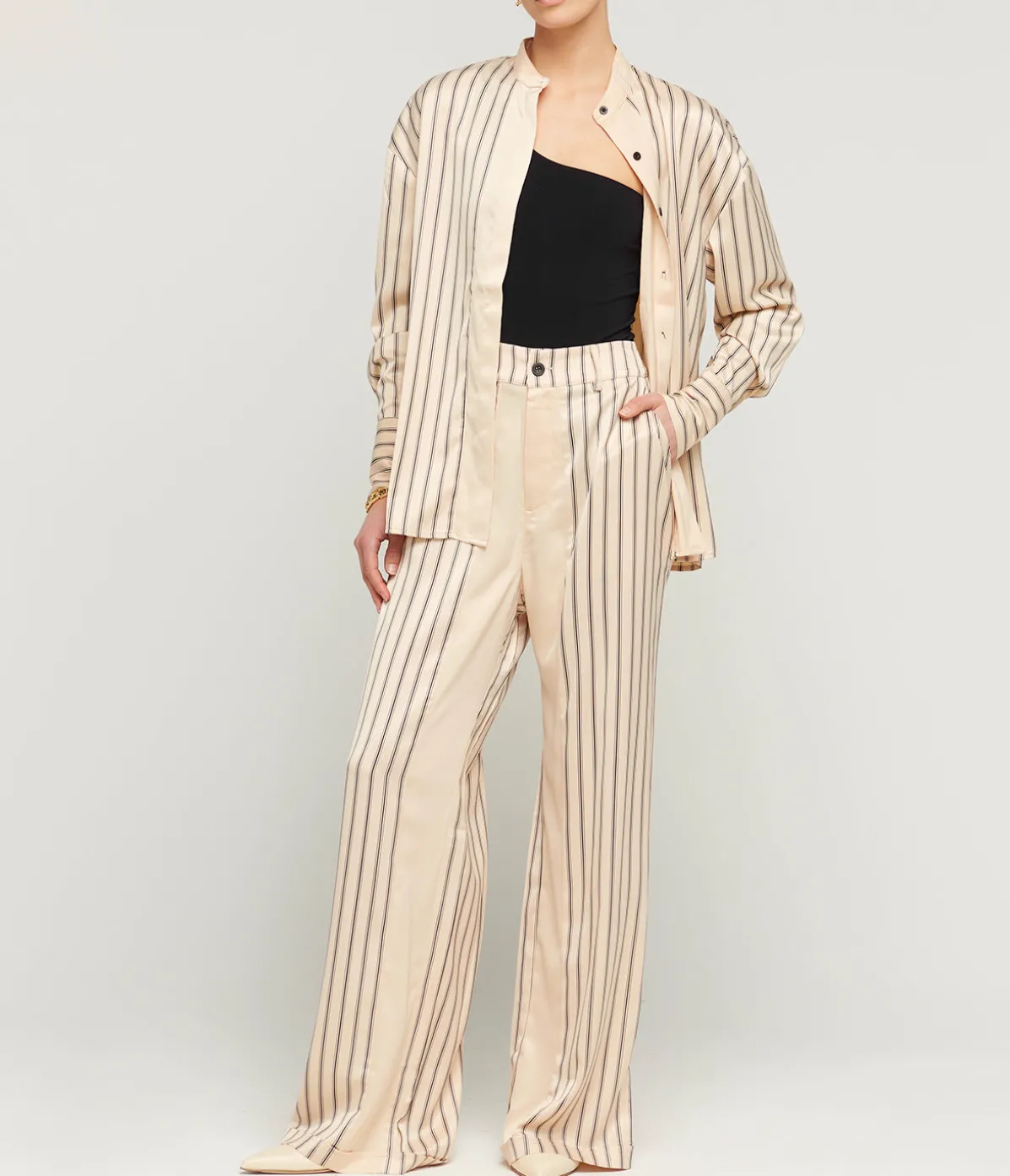 Gio Thin Triple Stripe Silk Shirt In Black And Ecru