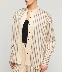 Gio Thin Triple Stripe Silk Shirt In Black And Ecru