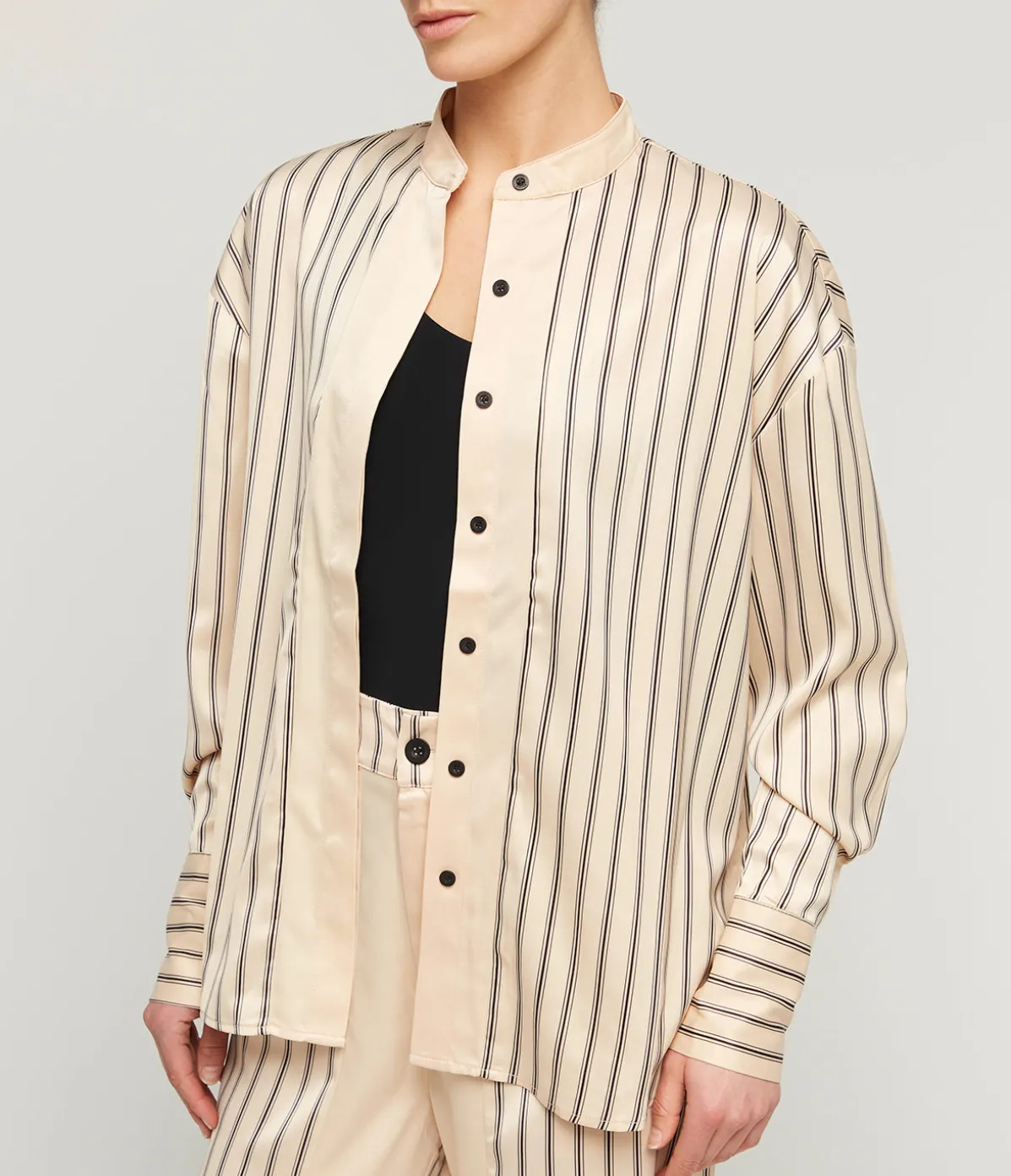 Gio Thin Triple Stripe Silk Shirt In Black And Ecru