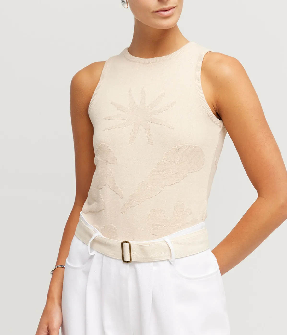 High Neck Knit Singlet In Sand