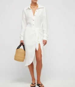 LA Asymetric Wrap Linen Cupro Midi Dress In White