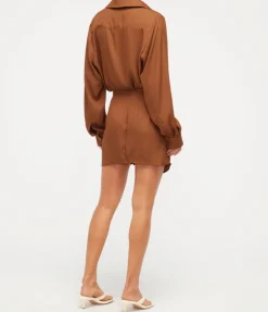 LA Cupro Wrap Silk Mini Dress In Tawny