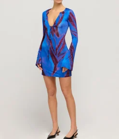 Long Sleeve Mini Kaftan Dress In Violet Flower
