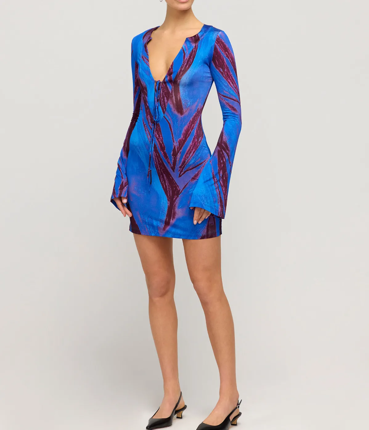 Long Sleeve Mini Kaftan Dress In Violet Flower