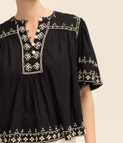 Millie Embroidery Short Sleeve Top In Black