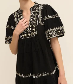 Millie Embroidery Short Sleeve Tunic Dress In Black