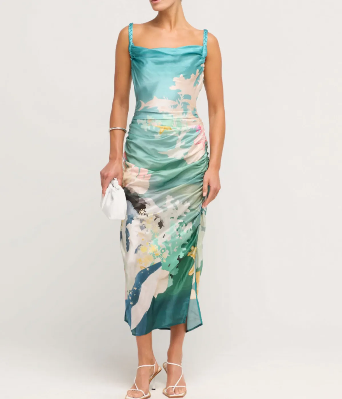 Rachel Cowl Neck Slip Dress In Seagrass Neptune Print