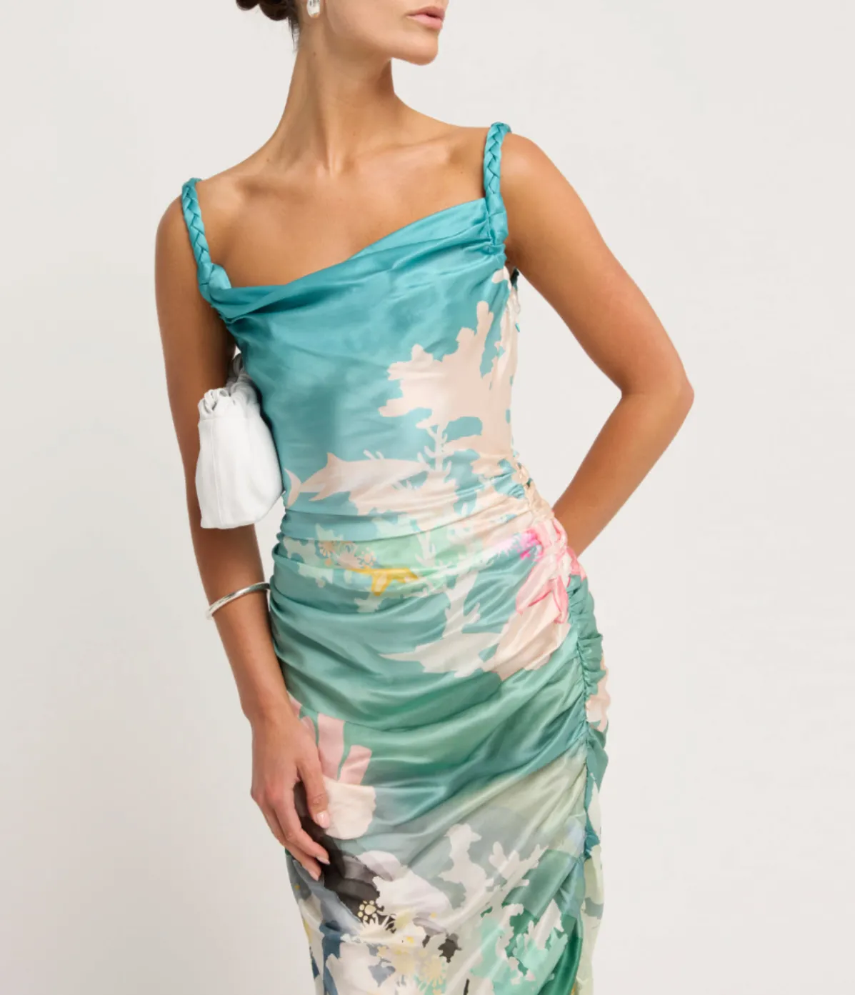 Rachel Cowl Neck Slip Dress In Seagrass Neptune Print