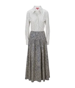Rocco Long Sleeve Dress In Ivory Micro Stripe And Navy Mosaic