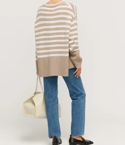 Round Neck Wool And Cashmere Sweater In Sand Stripe