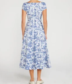 Shortsleeve Wells Dress In Blue Toile