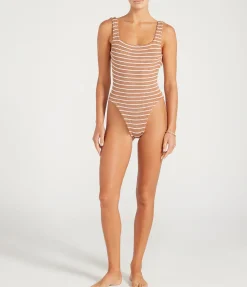 Square Neck Striped Swimsuit In Metallic Cocoa And White