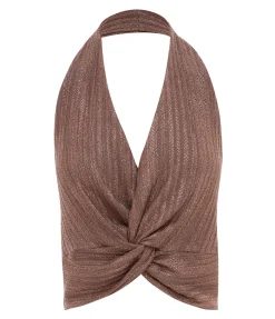 Twist Front Knit Top In Metallic Toffee