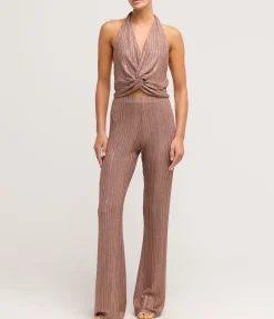Twist Front Knit Top In Metallic Toffee