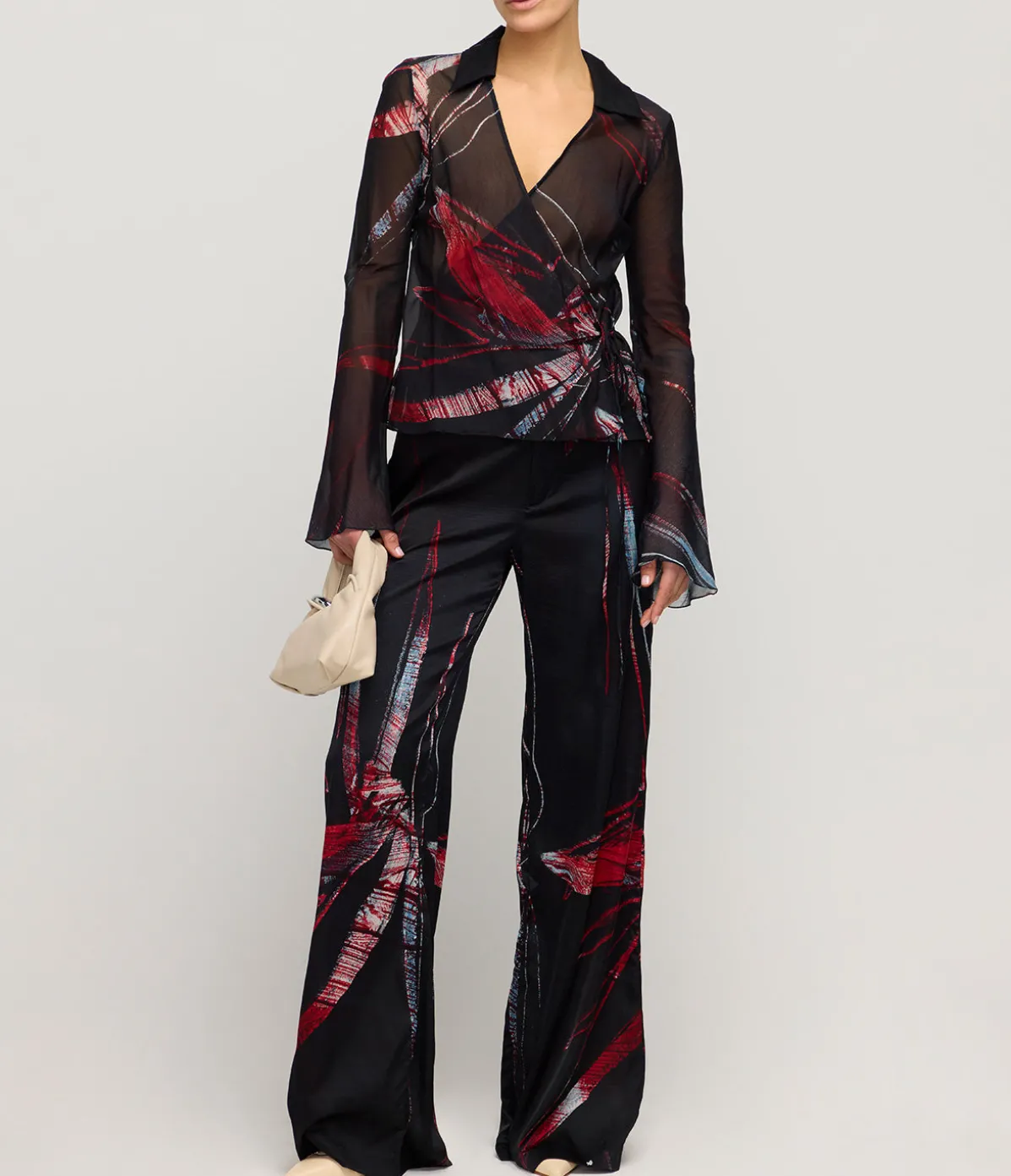 Wide Leg Silk Satin Pant In Red Silver Flower