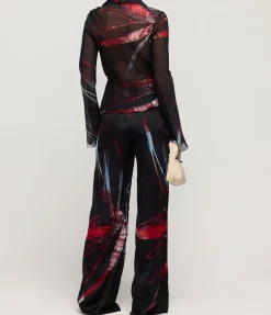 Wide Leg Silk Satin Pant In Red Silver Flower