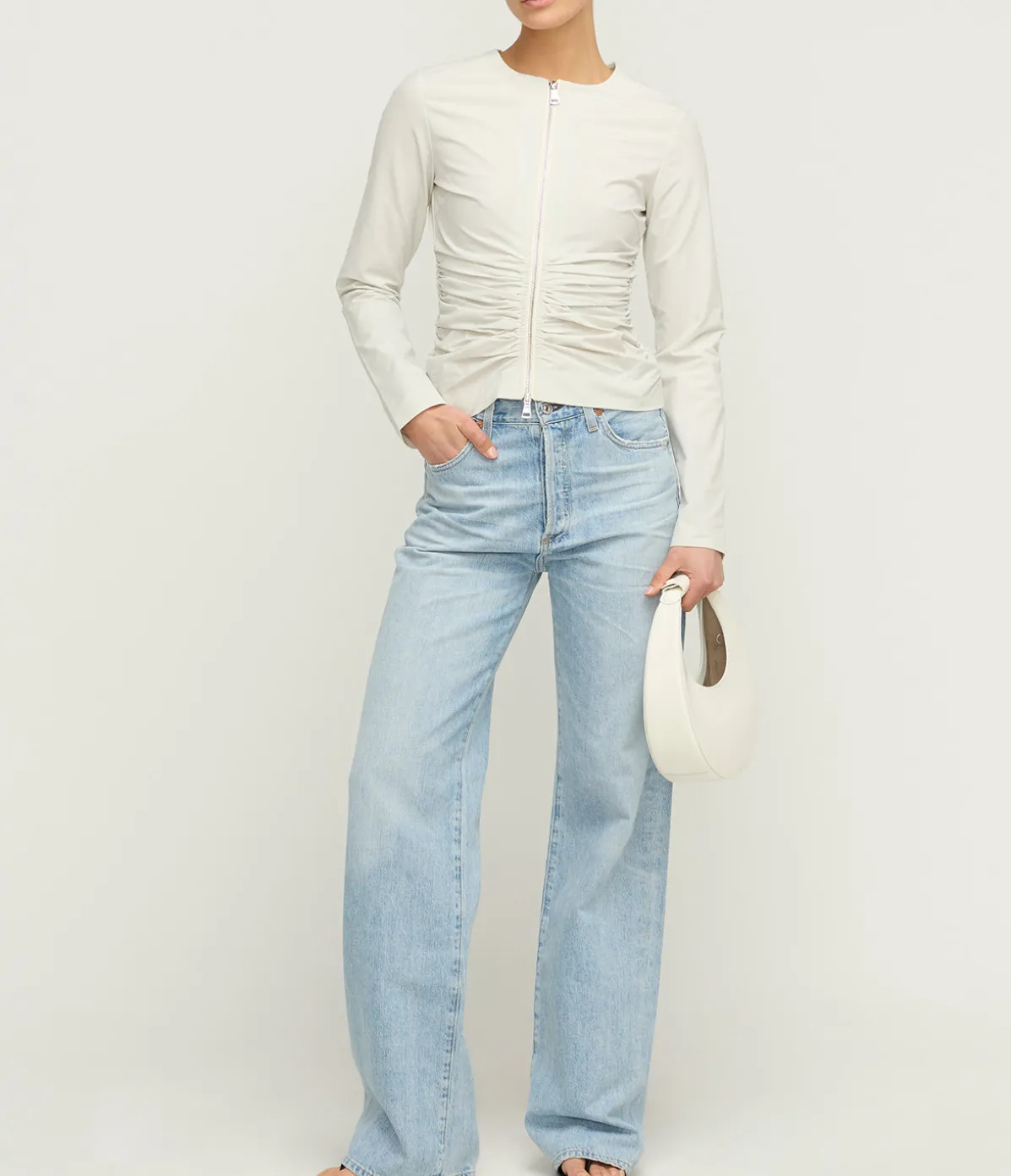 Zipper Long Sleeve Top In Light Grey
